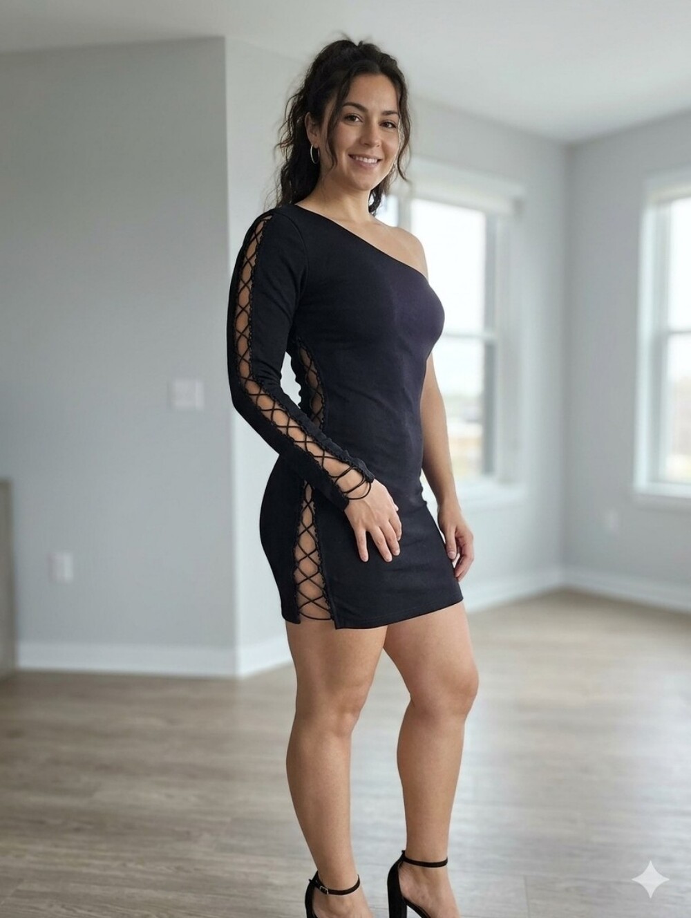 TOBI Black One-Shoulder Lace-Up Bodycon Mini Dress Size L